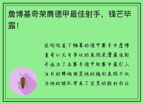 詹博基奇荣膺德甲最佳射手，锋芒毕露！