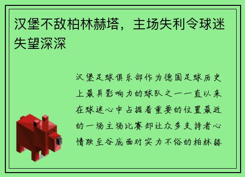 汉堡不敌柏林赫塔，主场失利令球迷失望深深