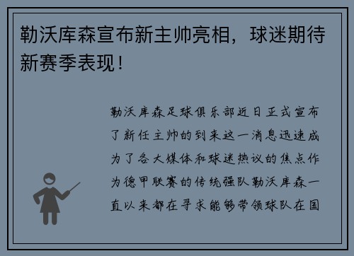 勒沃库森宣布新主帅亮相，球迷期待新赛季表现！