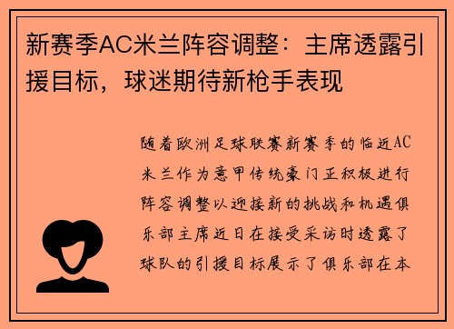 新赛季AC米兰阵容调整：主席透露引援目标，球迷期待新枪手表现